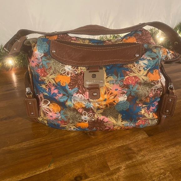 Rosetti Multicolor Floral Purse With Brown Leather Straps and Pocket Trim - Picture 1 of 7